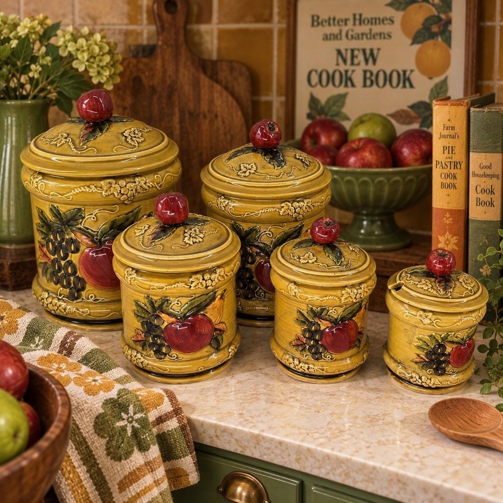 Vintage Lefton Fruit Canister Set 5pc Harvest Gold Apple Kitchen Decor